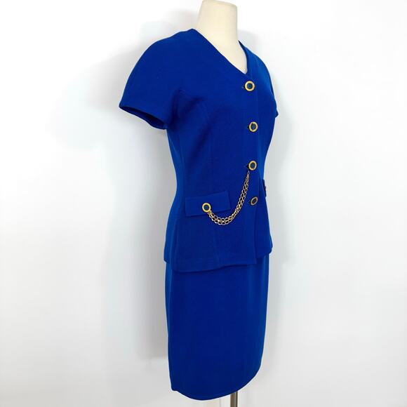 St. John Santana Knit SET Short Sleeve Cardigan and Skirt Blue Vintage | Size 6 - Picture 4 of 13